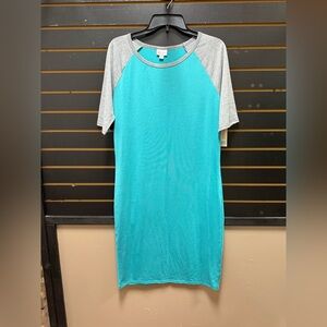 LuLaRoe Julia Dress – Size XL – Teal & Gray Raglan Sleeve – NWT